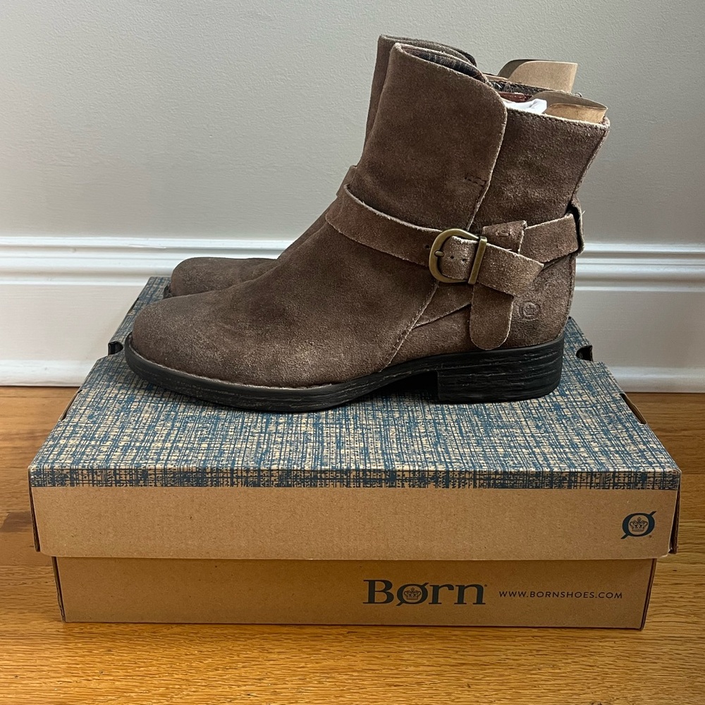 Born Taupe Suede Buckle Ankle Boots Women’s 9